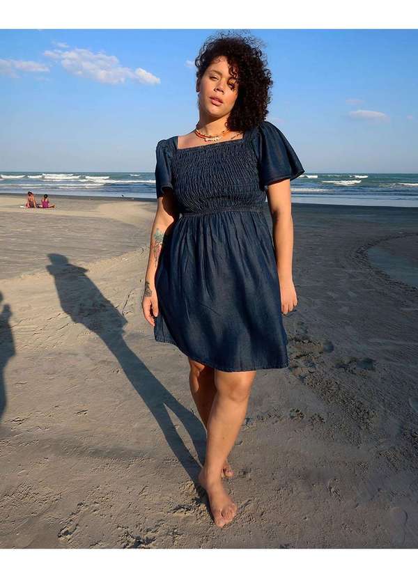Consciência Vestido Jeans Ciganinha Feminino Plus Size Azul