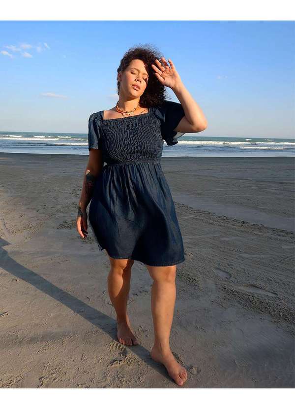 Consciência - Vestido Jeans Ciganinha Feminino Plus Size Azul 2