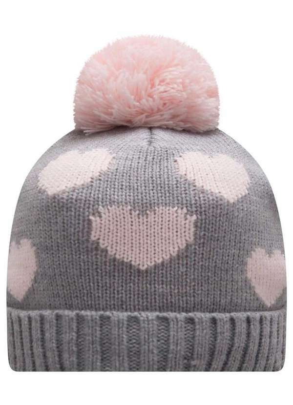 Kukiê - Touca Infantil Kukiê Tricô Cinza com Corações Estampado