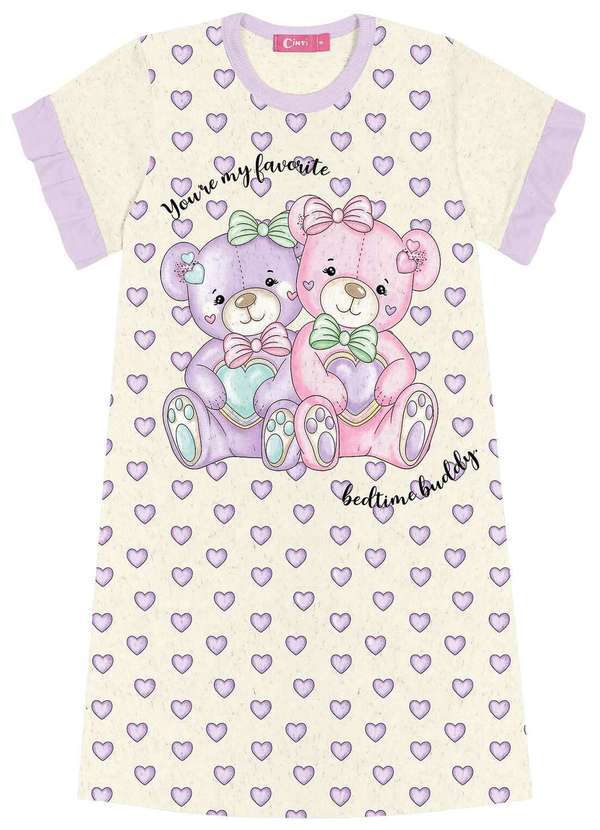 Cinti - Pijama Infantil Menina Camisola Ursinho Off White e Lilás Cinti Natural