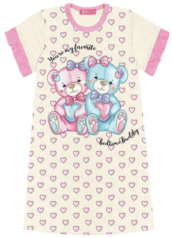Cinti - Pijama Infantil Menina Camisola Ursinho Off White e Rosa Cinti Rosa