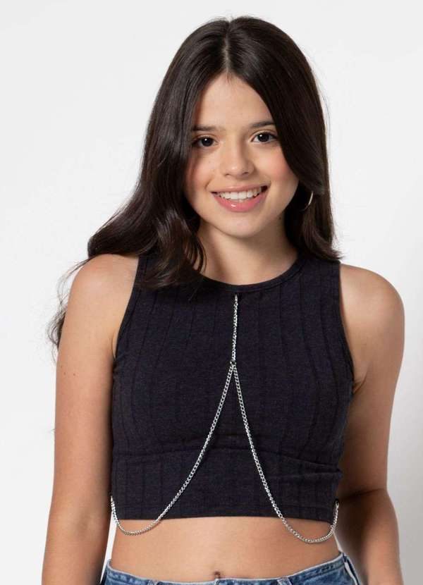 Poah Banana - Blusa Cropped Canelada Correntes Poah Noah Preto