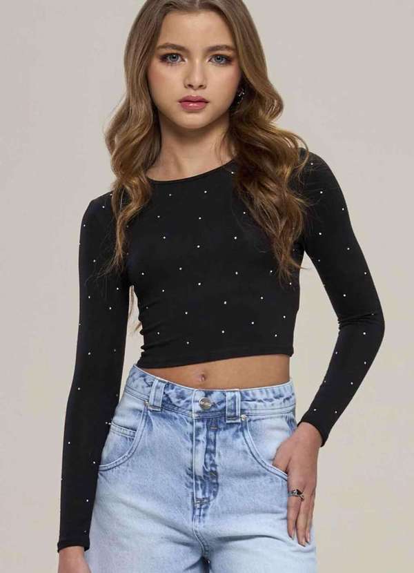 Vanilla Cream - Blusa Cropped Manga Longa Preto Vanilla Cream Preto