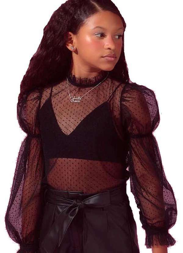 Vanilla Cream - Blusa Tule Preta Manga Longa Infantil Vanilla Preto