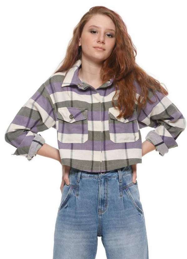 Poah Banana - Camisa Cropped Xadrez Teens Purple Poah Noah Roxo