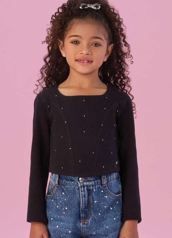 Petit Cherie - Cropped Canelado Pérolas Manga Longa Petit Cherie Preto