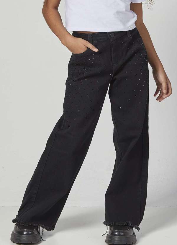 Mylu - Calça Wide Leg Preta com Strass Mylu Preto