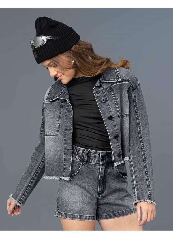 Collie - Jaqueta Cropped Denim Black Collie Preto