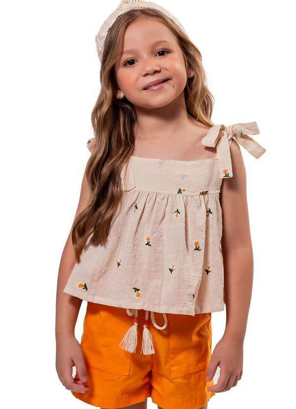 Vigat - Conjunto Bata com Bordados Shorts Estampado Vigat Estampado