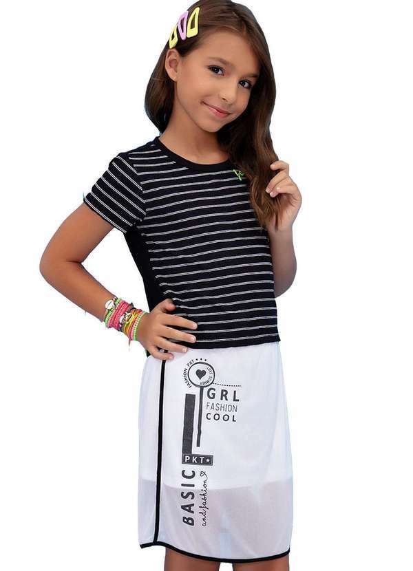 Ok e Pakita - Conjunto Blusa Curto Listras Saia Girl Basic Ok e Pakita Preto