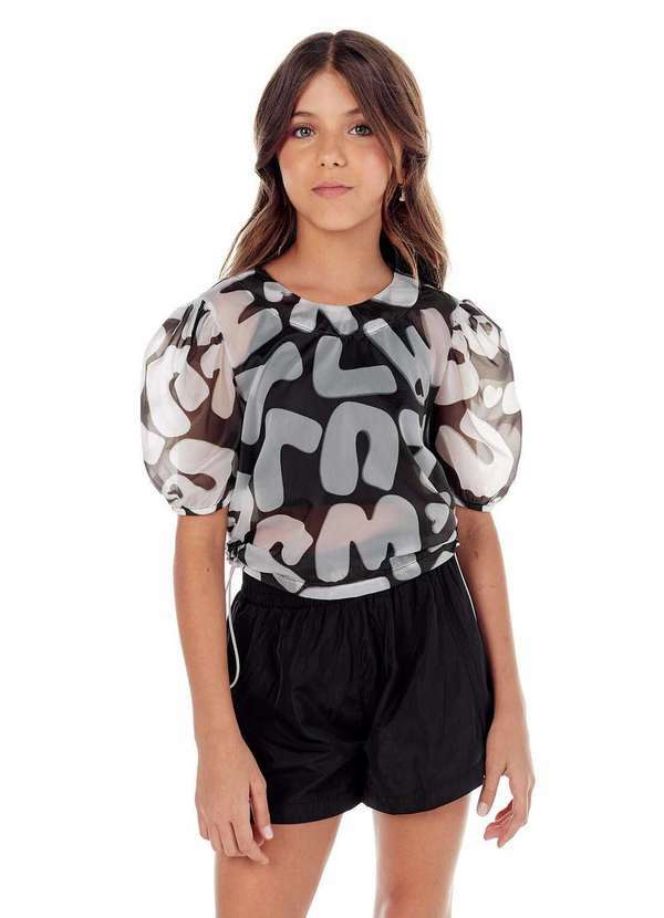 Mylu - Conjunto Blusa Tule Manga Bufante e Short Mylu Preto