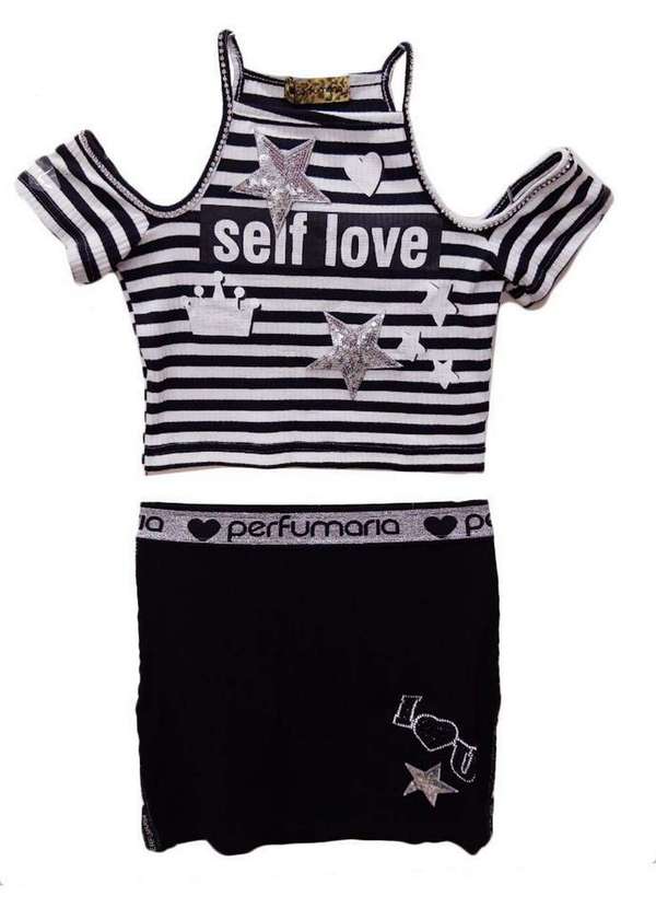 Pituchinhus - Conjunto Canelado Saia Bordado Preto Pituchinhus Preto