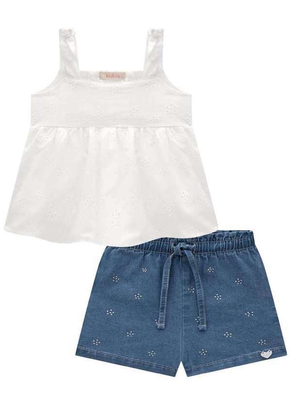 Kukiê - Conjunto de Bata em Laise e Shorts em Jeans Kukiê Branco