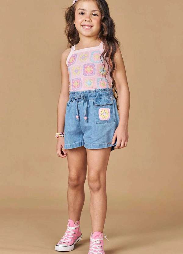 Kukiê - Conjunto de Blusa em Cotton e Shorts Jeans Kukiê Estampado
