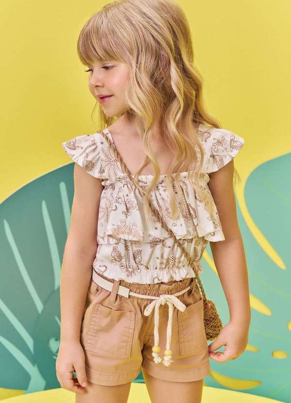Infanti - Conjunto de Shorts Sarja Crooped Babados Infanti Marrom