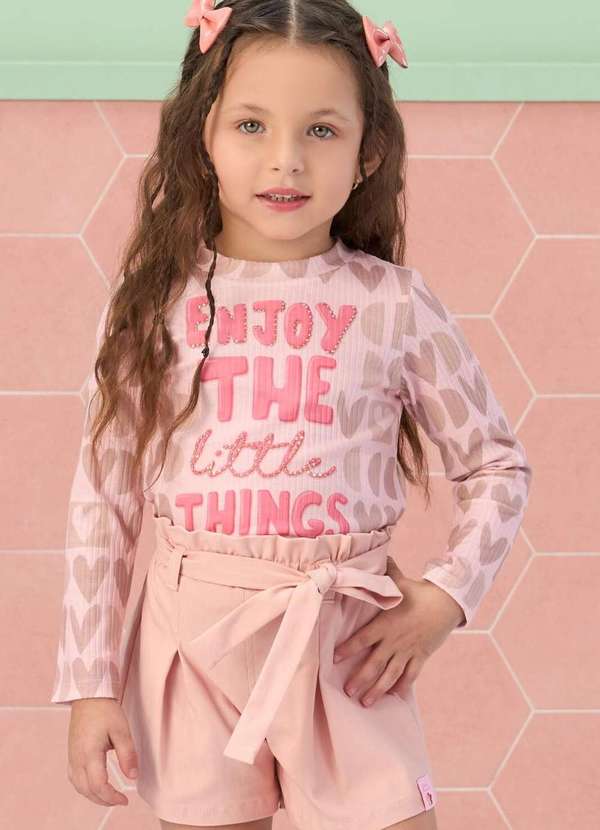 Mon Sucré - Conjunto Infantil Estampado Shorts Rosa Manga Longa Mon Sucré Estampado