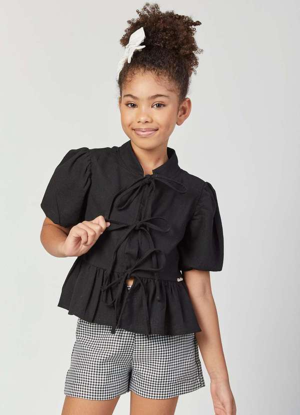 Luluzinha - Conjunto Infantil Luluzinha Blusa Laços Shorts Xadrez Preto