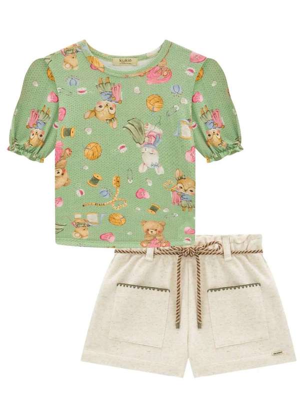 Kukiê - Conjunto Infantil Menina Blusa Verde e Shorts Bege Kukie Verde 3
