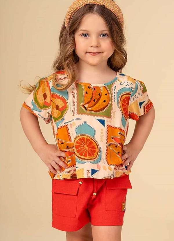 Ok e Pakita - Conjunto Menina Shorts Estampado Pakita Estampado