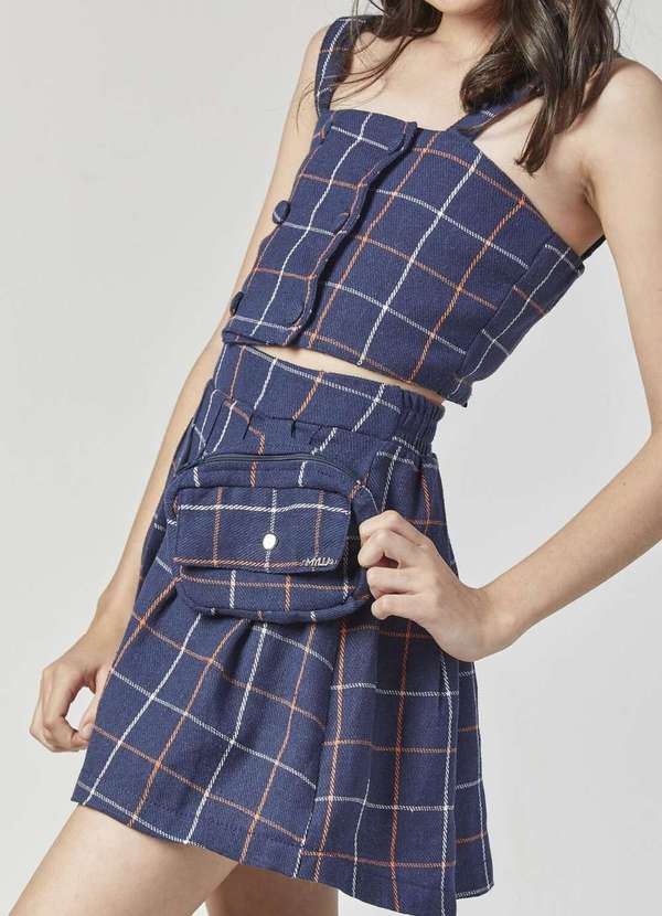 Conjunto Saia Xadrez Mylu com Pochete Azul Vim Vi Venci