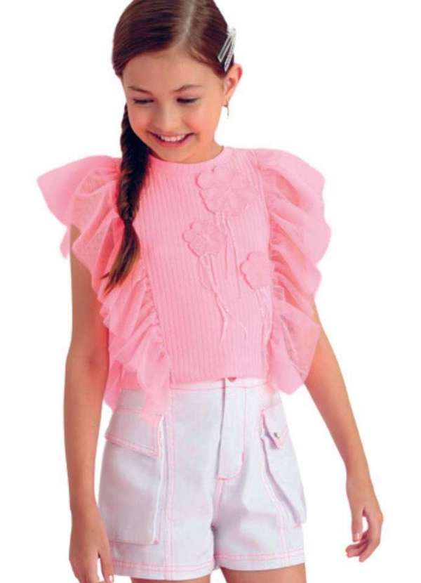 Petit Cherie - Conjunto Shorts Blusa Babado Infantil Petit Cherie Rosa