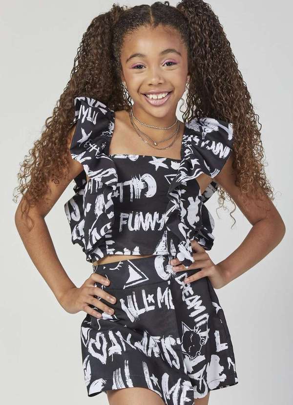 Mylu - Conjunto Shorts Saia Estampado Preto e Branco Mylu Preto/Branco/Mescla