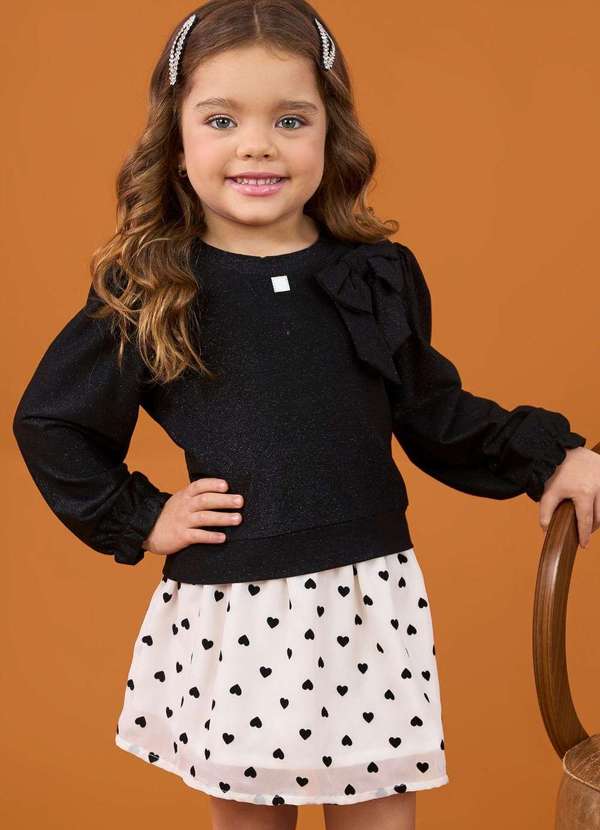 Ok e Pakita - Blusa com Laço e Saia de Corações Saia Pakita Preto