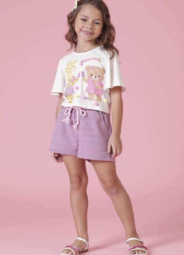 Kukiê - Conjunto Blusa Boxy Over e Shorts em Linho Rajado Menina Kukiê Lilás
