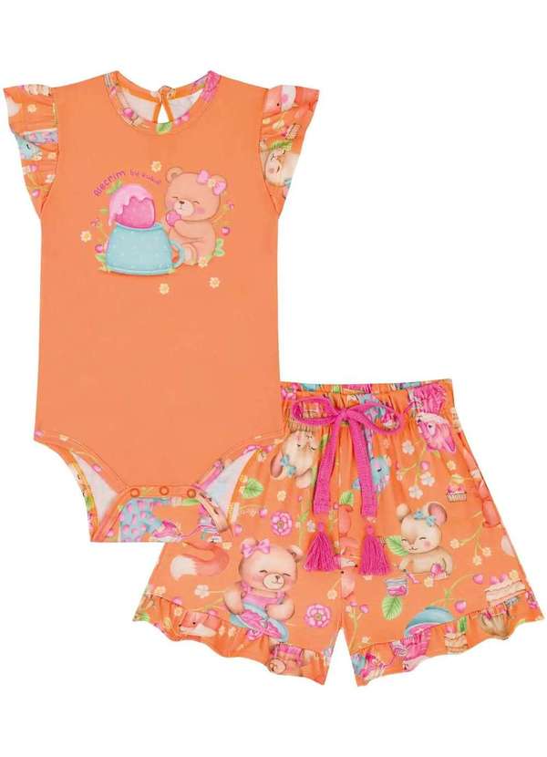 Kukiê - Conjunto Infantil Kukiê Body Ursinha e Shorts Laranja Estampad Estampado 2