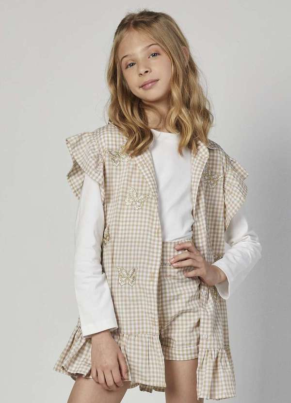 Luluzinha - Conjunto Infantil Luluzinha Xadrez Borboletas Bege