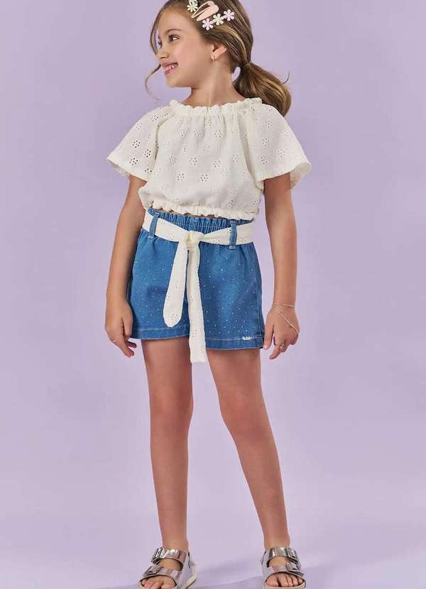 Kukiê - Conjunto Menina Shorts Bata Kukiê Jeans