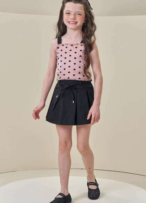 Infanti - Conjunto Menina Shorts Saia Preto Elegante com Corações Preto