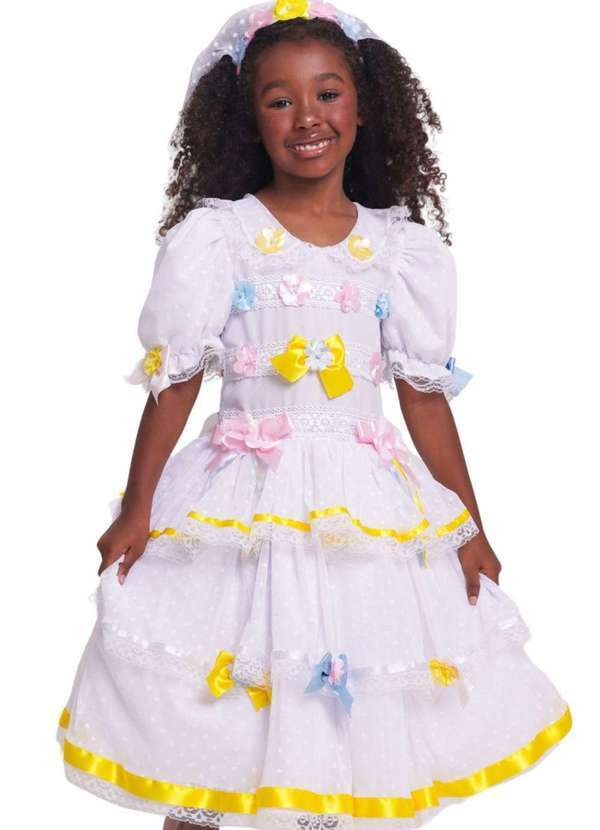 Muvilê - Vestido Completo Junina Caipira Noiva Menina Muvilê Branco