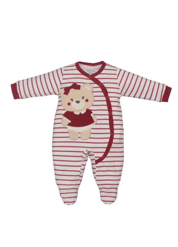 Upi Uli - Macacão Bebê Listrado com Ursinha Aplique Vermelho