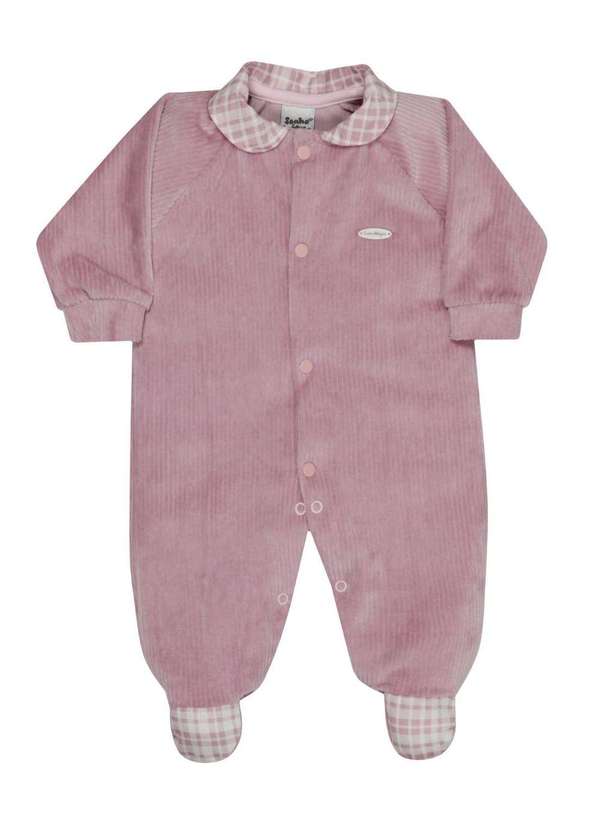 Sonho Mágico - Macacão de Bebê Plush Rosa Detalhes Xadrez Rosa