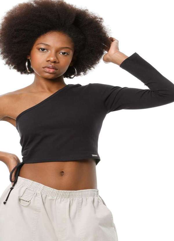 Poah Banana - Blusa Cropped Cotton Amarração Preto Poah Noah Preto