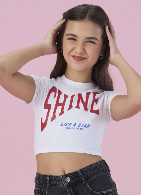 Vanilla Cream - Blusa Juvenil Manga Curta Cropped Vanilla Cream Branco