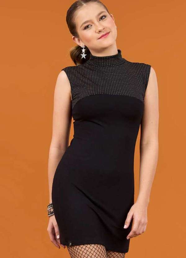 Collie - Vestido Collie Preto Justo com Brilho Preto