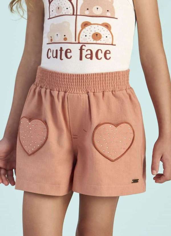 Mon Sucré - Shorts Infantil Petit Cherie com Bolsos Coração Marrom