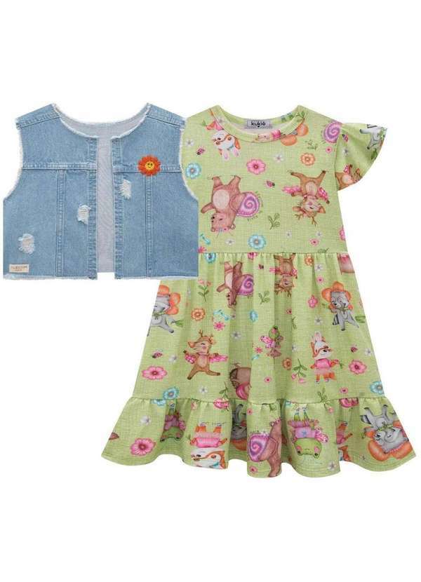 Kukiê - Estido em Malha Fresh e Colete em Jeans Kukiê Estampado