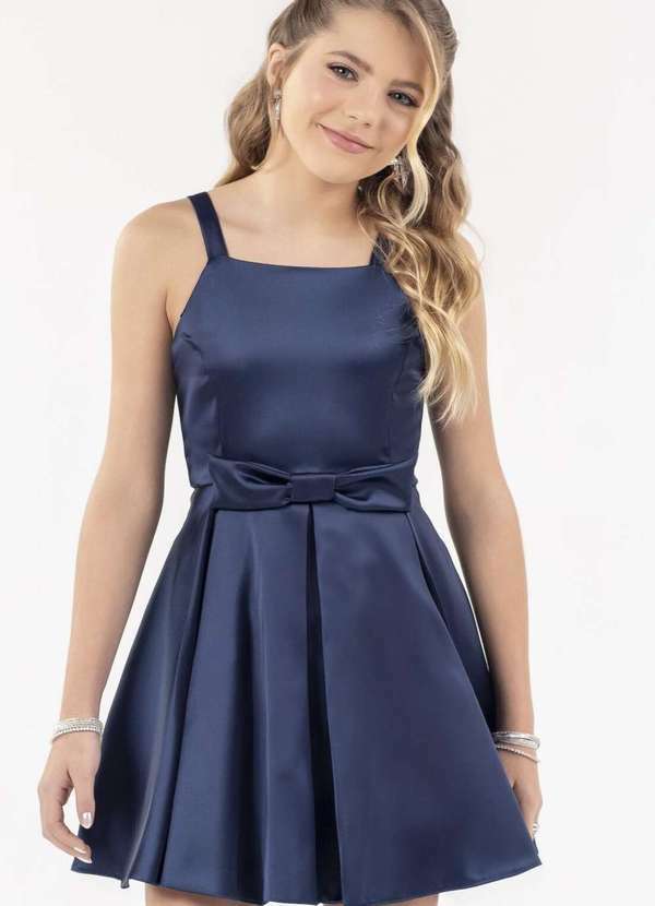 Bobbylulu - Vestido Curto Azul Marinho Cetim com Laço Bobbylulu Azul