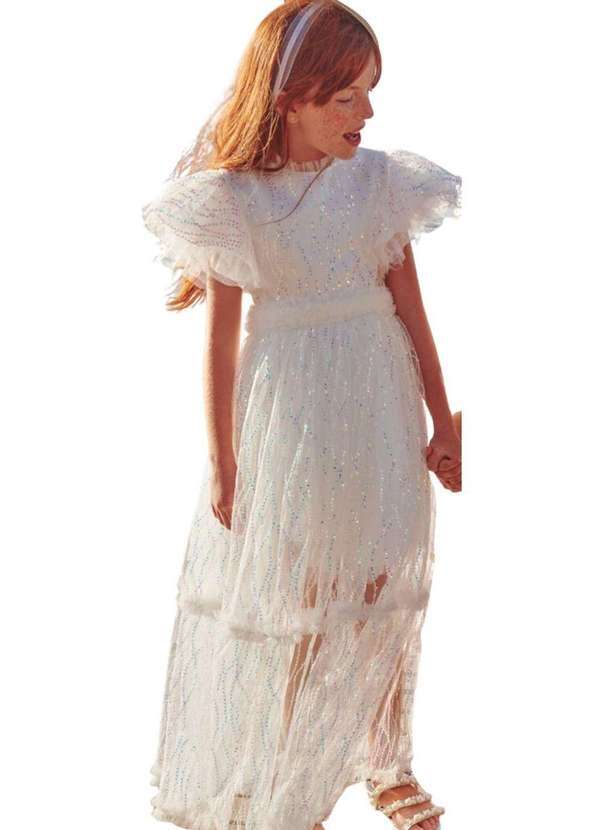 Petit Cherie - Vestido Curto Tule Brilhoso Infantil Petit Cherie Branco