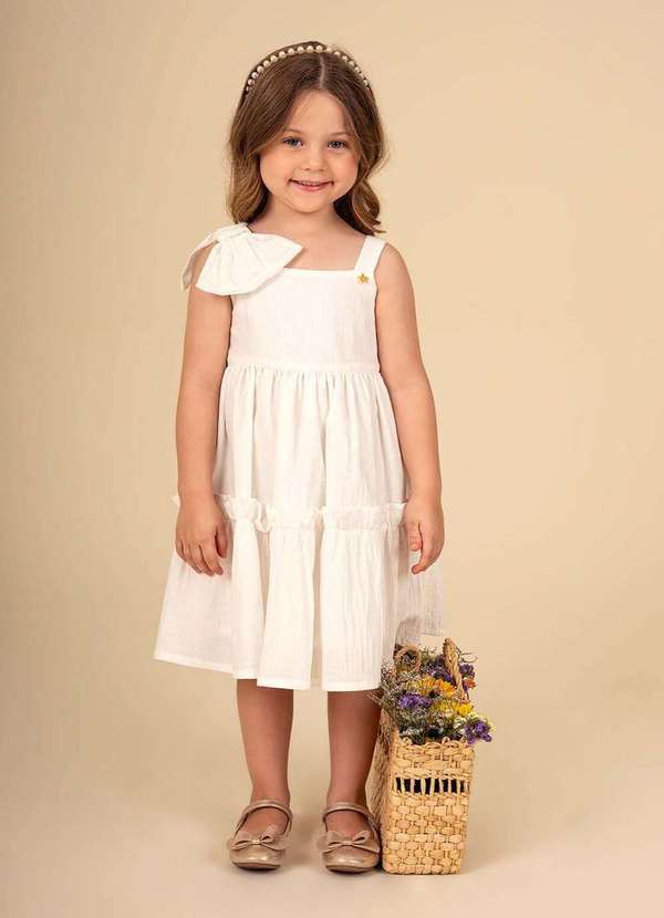 Ok e Pakita - Vestido de Alças com Detalhe de Laço e Saia Off Pakita Off White