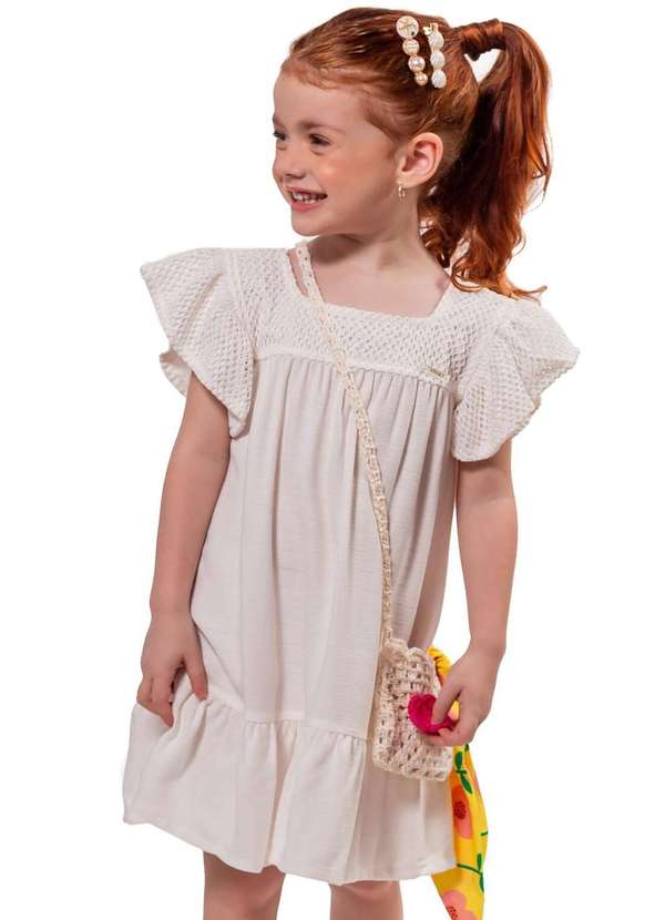 Vigat - Vestido em Base Diferenciada Imitação Crochê Off Vigat Off White