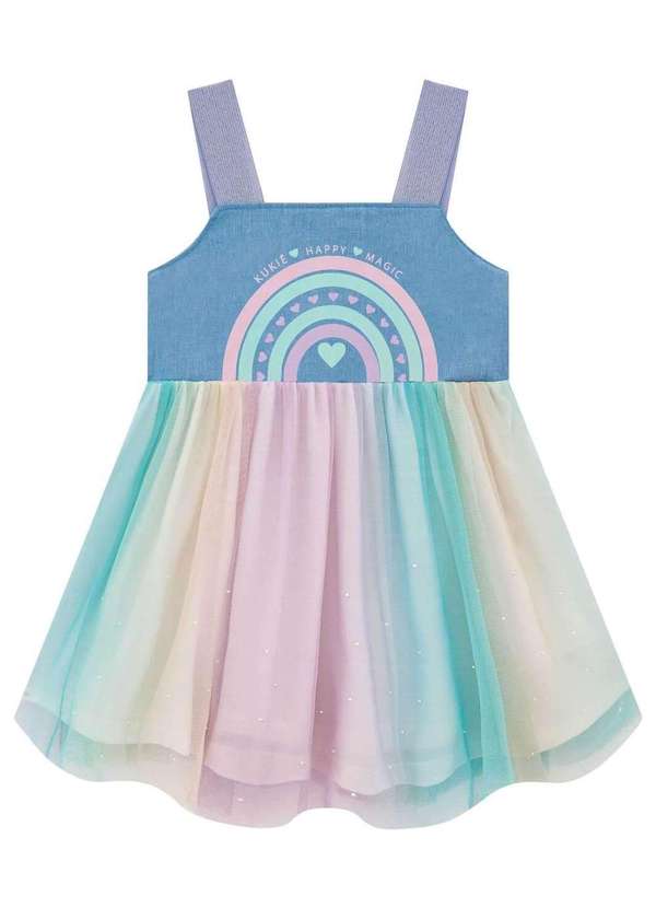 Kukiê - Vestido em Chambray e Tule Arco Iris Kukiê Azul