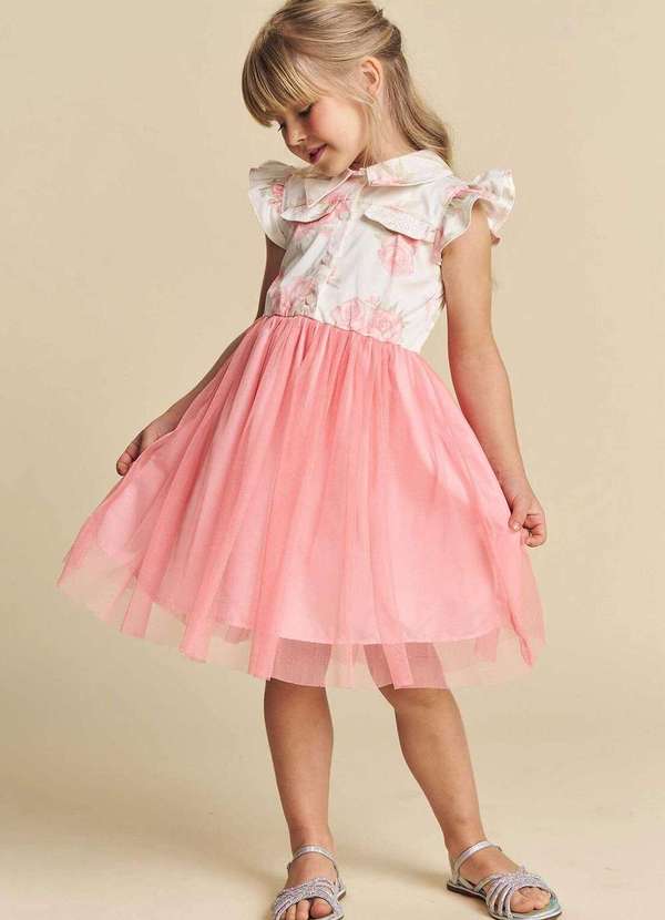 Infanti - Vestido em Sarja Daryl Estampada e Tule Infanti Rosa