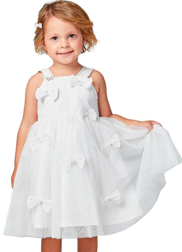 Luluzinha - Vestido em Tule com Laços e Bordados Off Luluzinha Off White