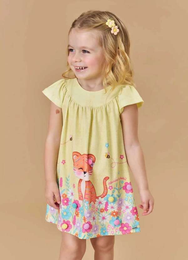Kukiê - Vestido Infantil Amarelo com Estampa de Tigre e Flores Kukie Amarelo