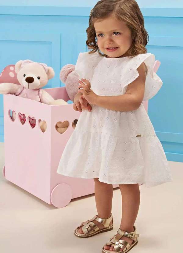 Infanti - Vestido Infantil Branco com Bordado e Babados Branco