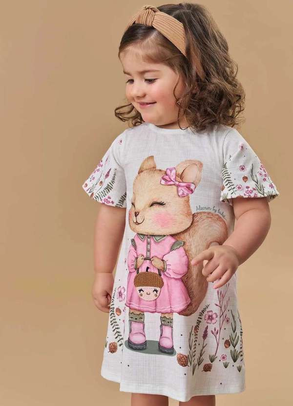 Kukiê - Vestido Infantil com Estampa de Esquilo Kukie Cru